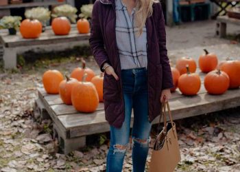 Fall Casual Wear | Long Quilted Coat + Plaid Button Down Shirt
