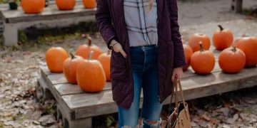 Fall Casual Wear | Long Quilted Coat + Plaid Button Down Shirt